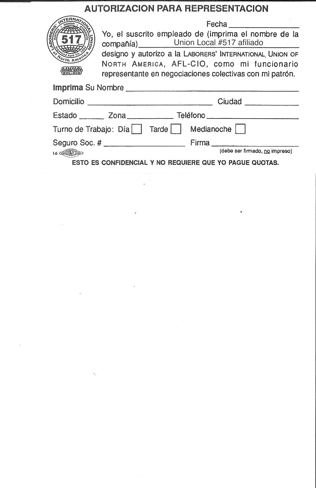 Authorization for representation espanol LIUNA Local Union 517