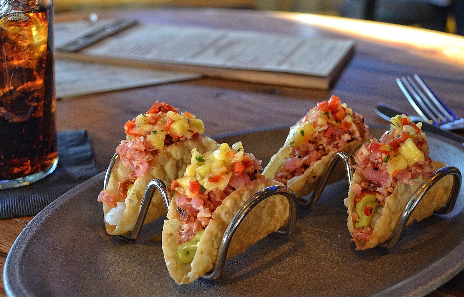 Sushi Rice • Ginger Pinapple Salsa • Smashed Avocado • Fried Wonton